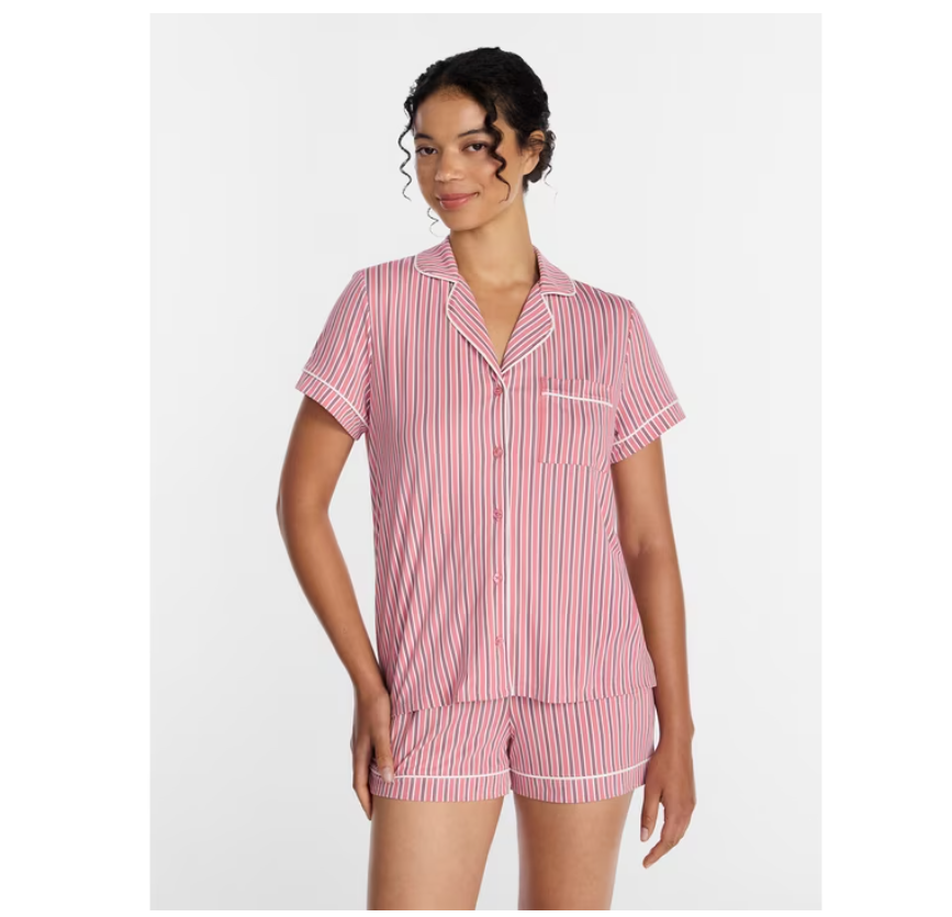 Women's Dreamy Soft Collection Notch Collar Top and Shorts Victorian Mauve Stripe