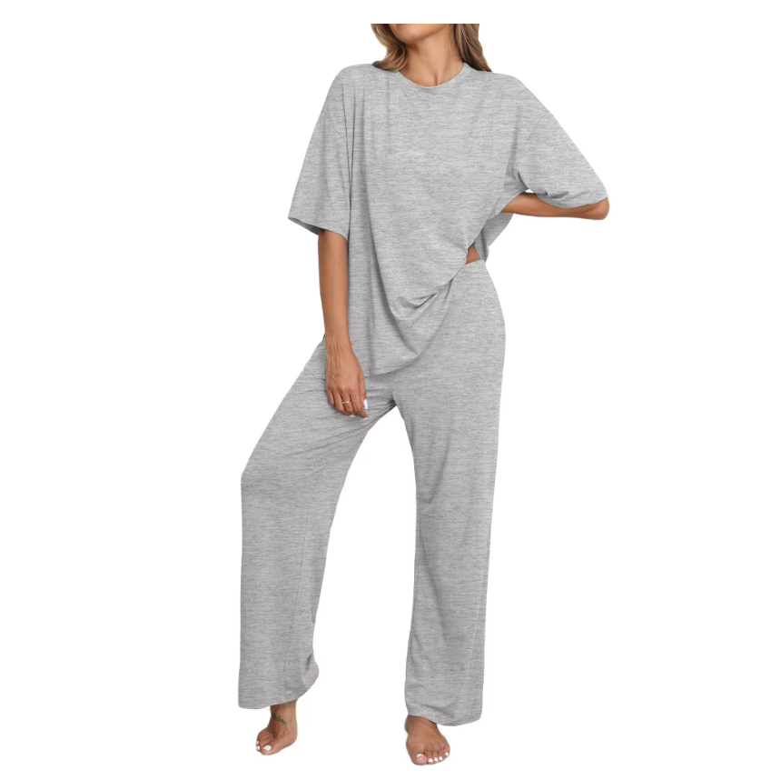 Lounge Sets for Women Knit Short Sleeve Tops and Long Pants Soft Gray